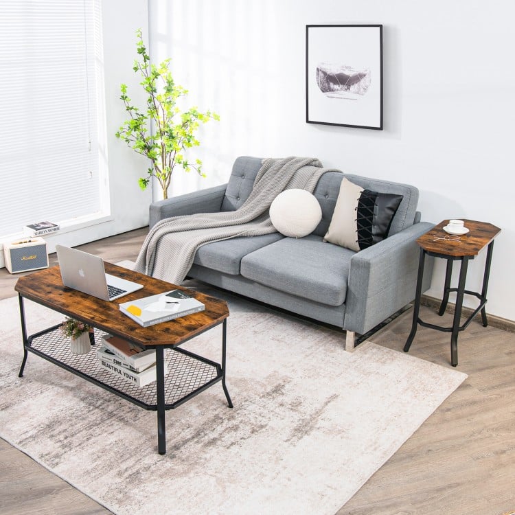 Narrow end side table with rustic brown engineered wood top and heavy-duty steel frame, perfect for living room or.